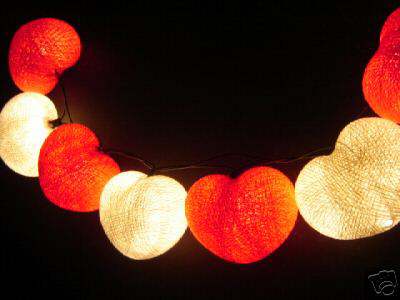 Red - White Cotton Heart Style - fairy lights