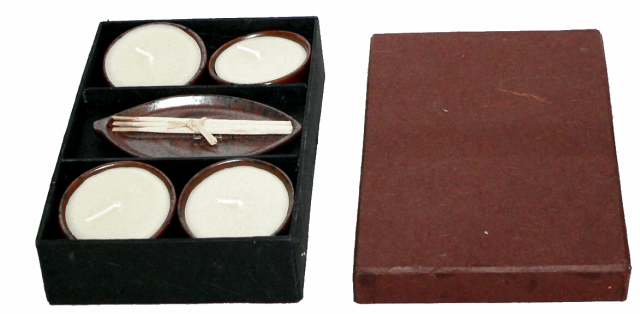 4 Vanilla Candles with Leaf Incense Holder - Brown